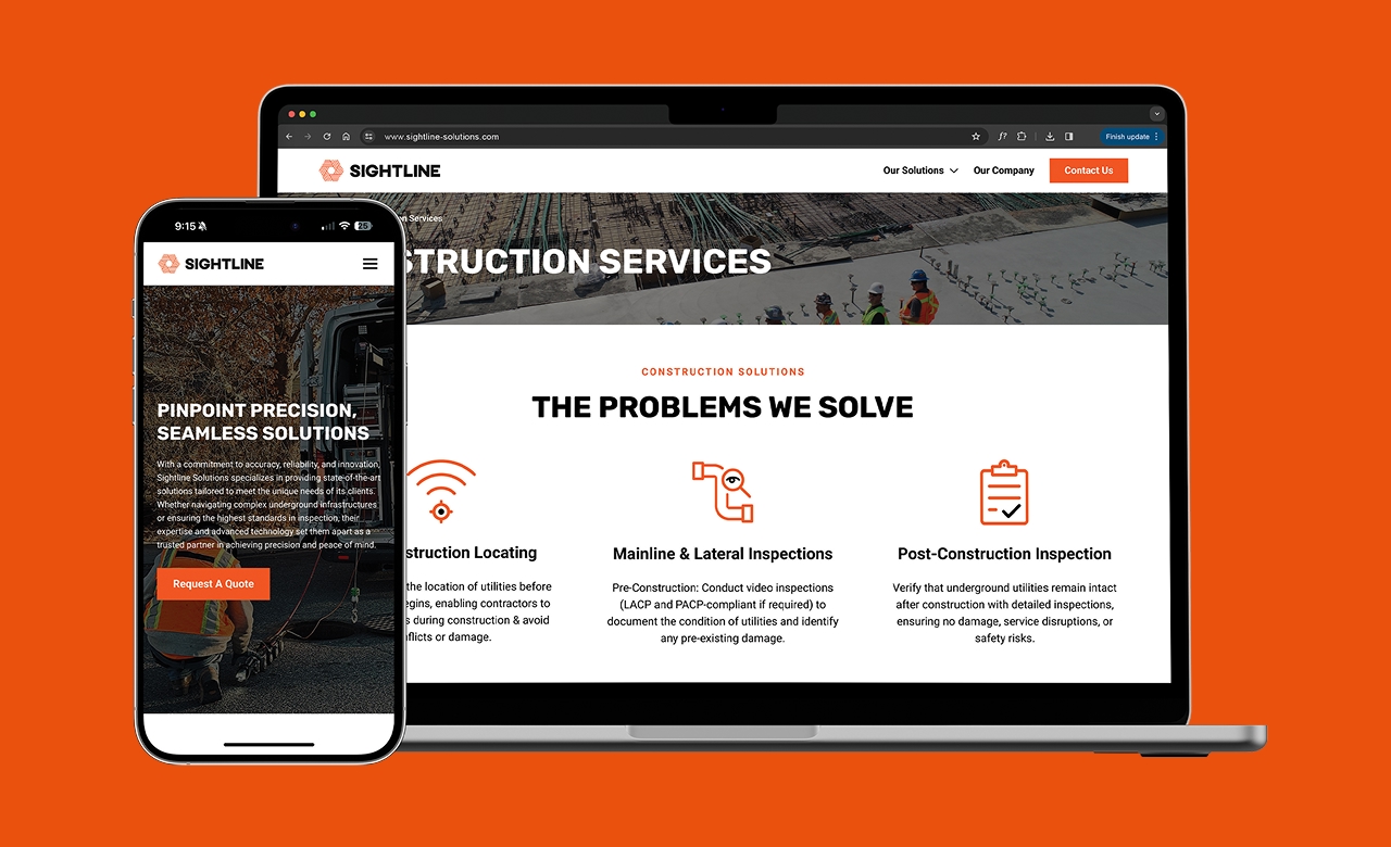 Laptop and smartphone displaying Sightline Solutions website with construction services and problem-solving solutions on an orange background.