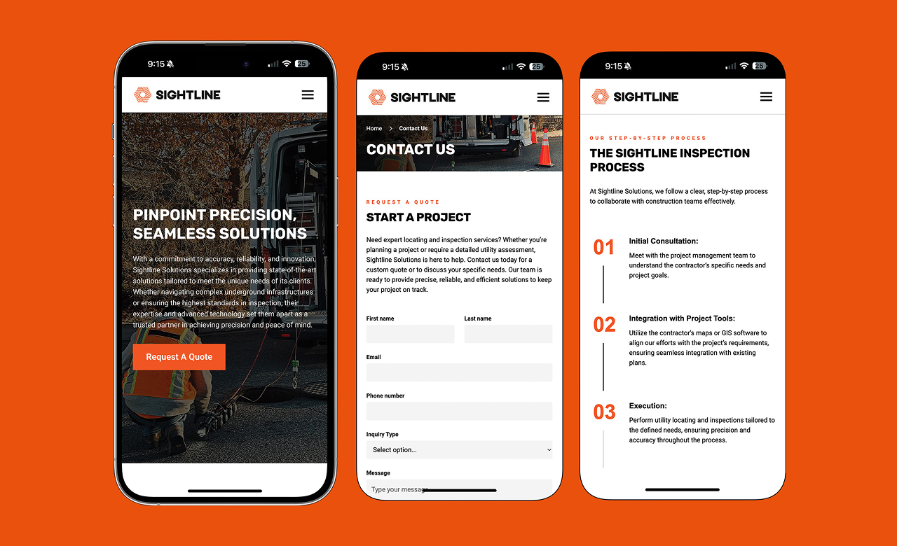 Three smartphones display Sightline Solutions website pages: home with a construction worker and ‘Request A Quote’ button, contact form to start a project, and a page detailing the inspection process steps.
