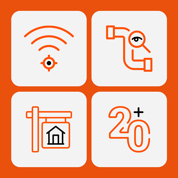 Four orange icons on white squares with rounded corners over an orange background: a radar with eye at center, a pipeline with magnifying glass over an eye, a hanging sign with a house, and the number 20 with a plus sign.