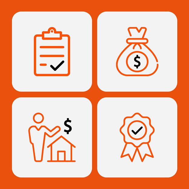 Four orange and black icons on gray squares with an orange background: clipboard with checkmark, money bag with dollar sign, person with house and dollar sign, and award ribbon with checkmark.