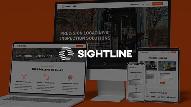 Sightline logo over screens showing construction services and inspection solutions on desktop, laptop, tablet, and smartphone with orange background.