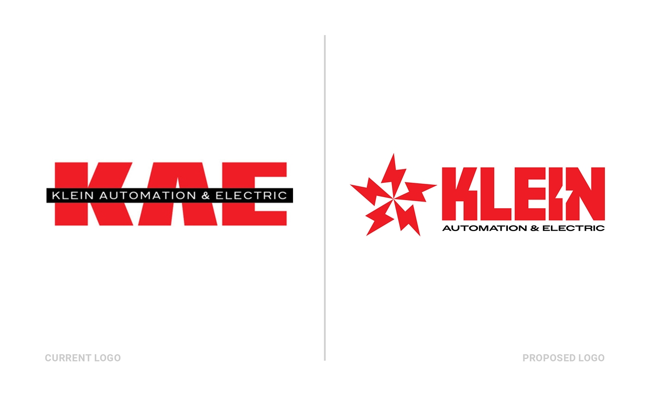 Side-by-side comparison of current and proposed logos for Klein Automation & Electric; current logo shows 'KAE' in bold red with a black bar displaying full company name, proposed logo features stylized red star-like symbol and bold red 'KLEIN' with a lightning bolt incorporated in the letter E and the full company name underneath.