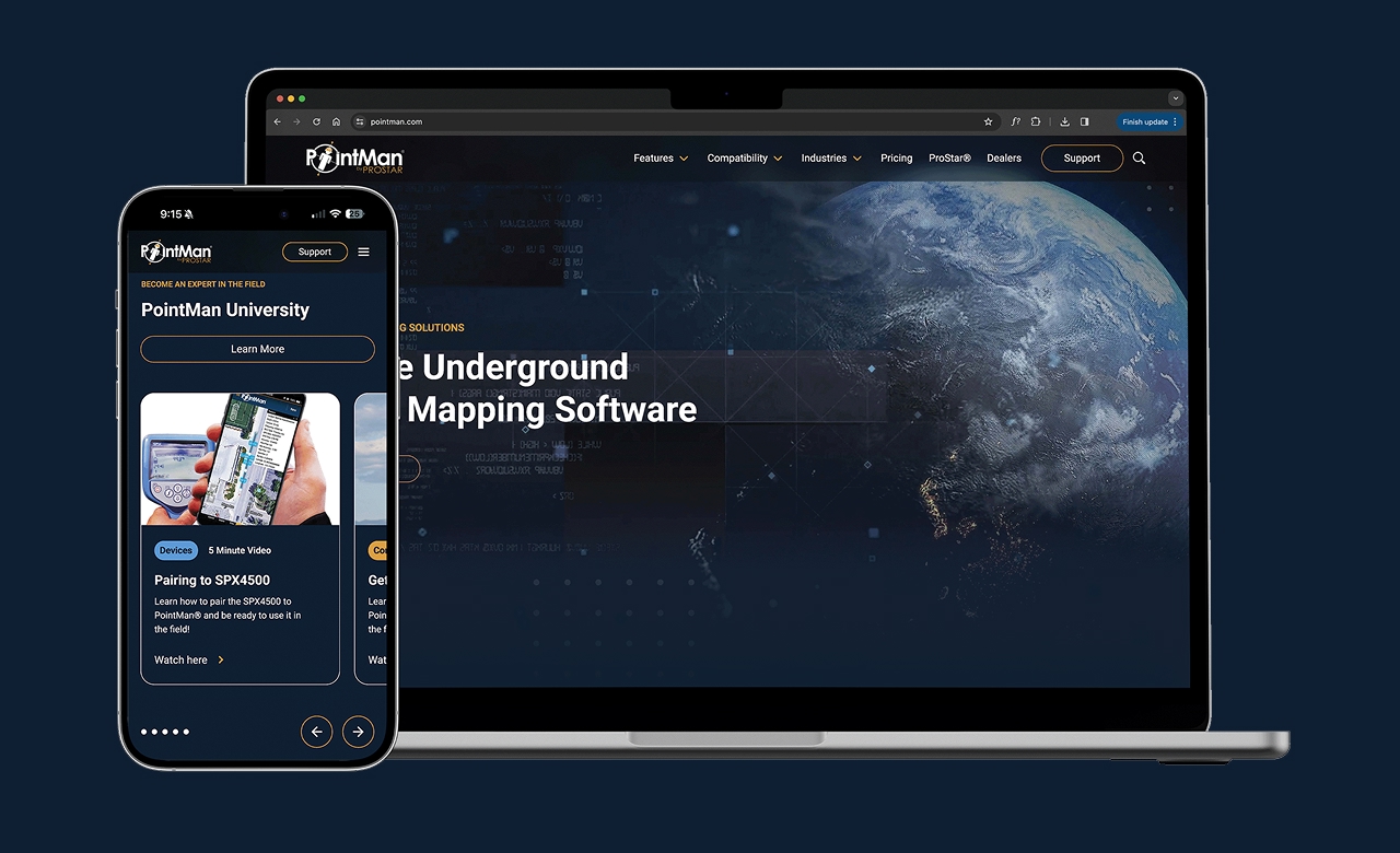 Laptop and smartphone displaying PointMan website with underground mapping software interface and training videos.