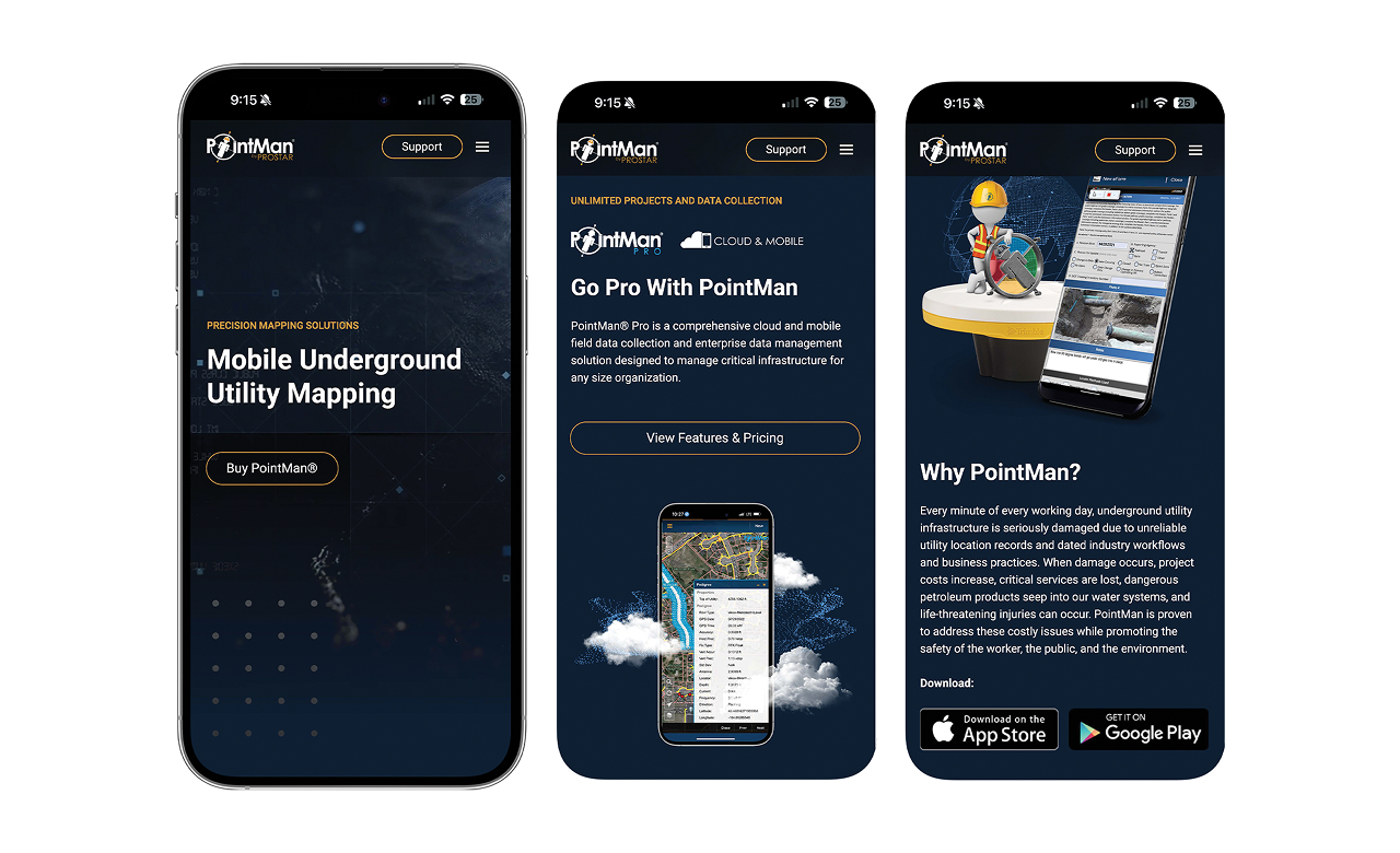 Three smartphone screens showing PointMan app for mobile underground utility mapping, features, and download options.