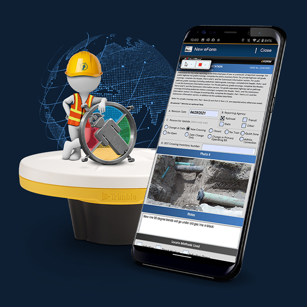 3D figure wearing a construction helmet and reflective vest leaning on a speedometer gauge, next to a smartphone displaying a digital form with a photo and notes about pipeline inspection.