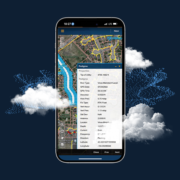 Smartphone displaying a mapping application with detailed GPS and survey data overlaid on a satellite map background with clouds.