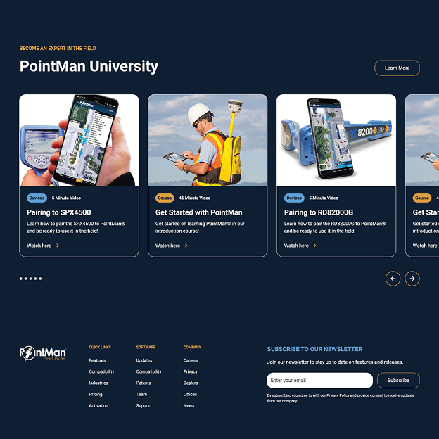 PointMan University webpage section with video courses on pairing SPX4500 and RD82000G devices and starting with PointMan, featuring images of a hand holding a smartphone showing the device interface, and a worker with surveying equipment.
