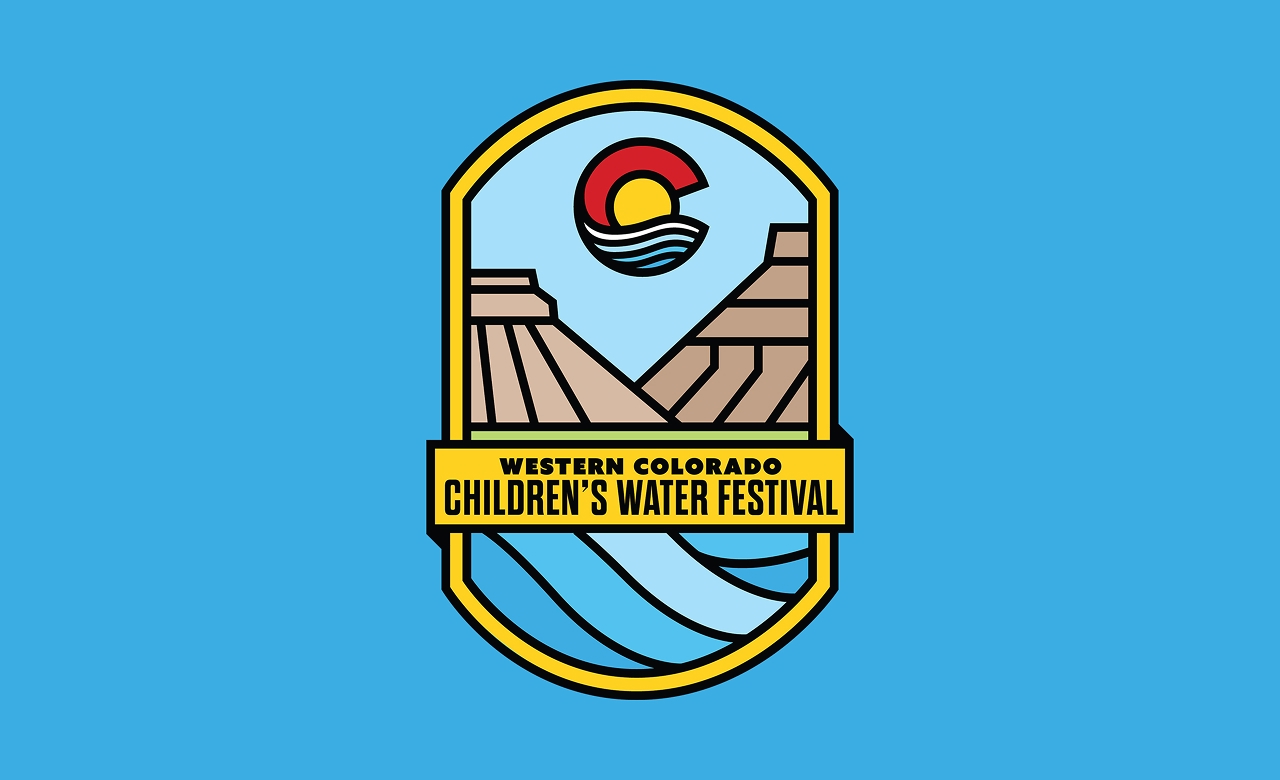 Logo of Western Colorado Children's Water Festival featuring stylized canyon cliffs, flowing water, and a sun with waves inside a yellow-bordered shield.