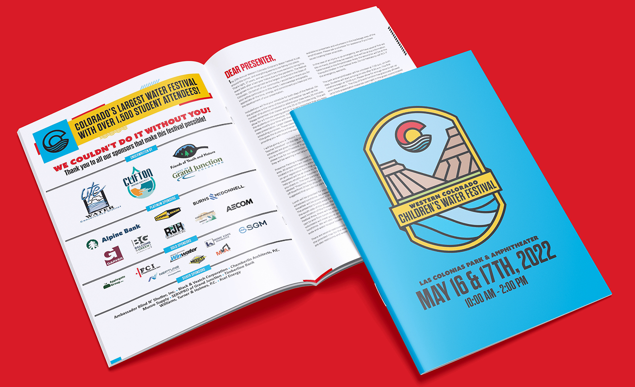 Brochure for the Western Colorado Children's Water Festival on May 16 & 17, 2022 at Las Colonias Park, featuring sponsor logos and event details.
