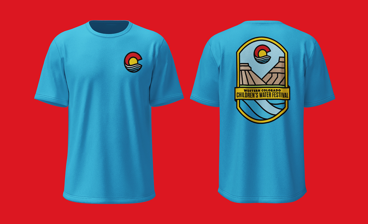Front and back views of a blue t-shirt with Western Colorado Children's Water Festival logo and design featuring a stylized sun, water waves, and canyon landscape.
