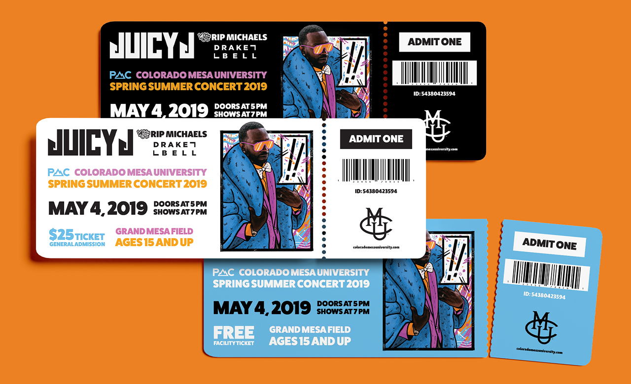 Three concert tickets for Juicy J at Colorado Mesa University Spring Summer Concert 2019 on May 4, with a colorful illustration of Juicy J wearing sunglasses and a blue fur coat.