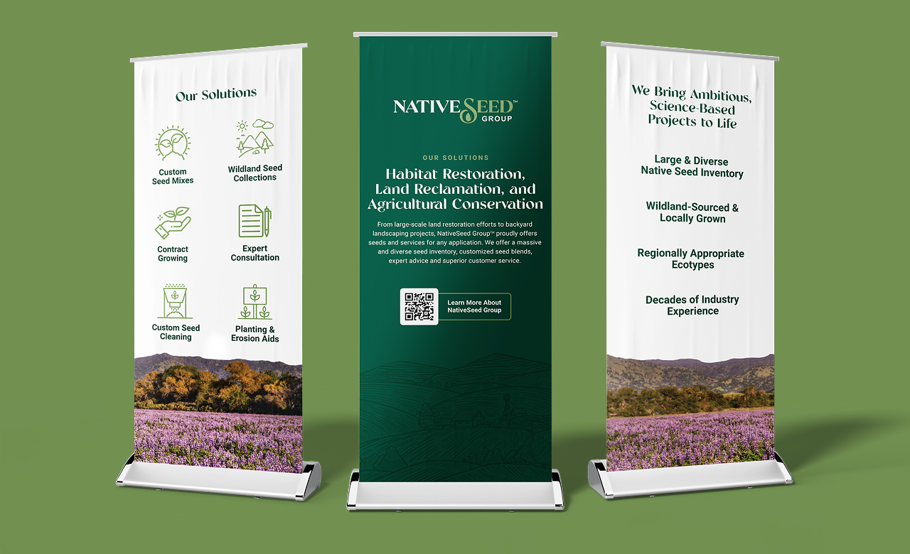 Three vertical banners for Native Seed Group showcasing services and commitment to habitat restoration with icons and nature imagery.