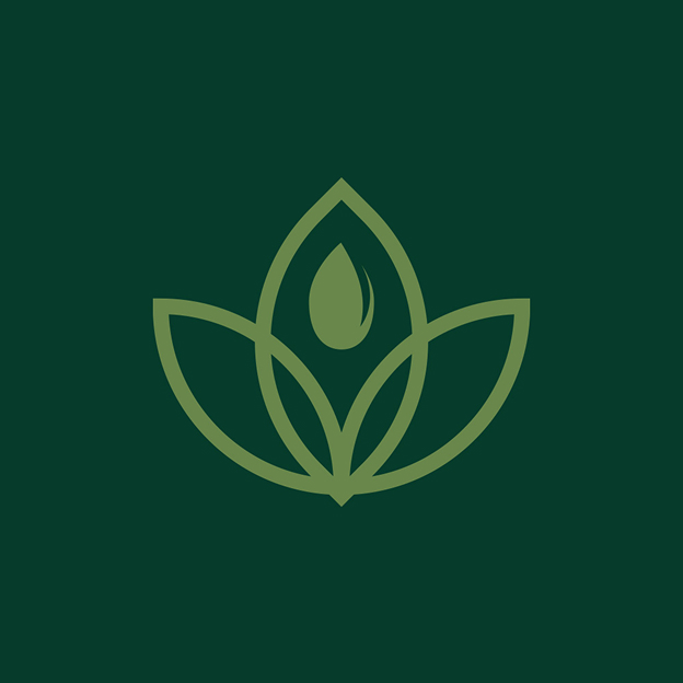 Green stylized lotus flower with a water droplet in the center on a dark green background.