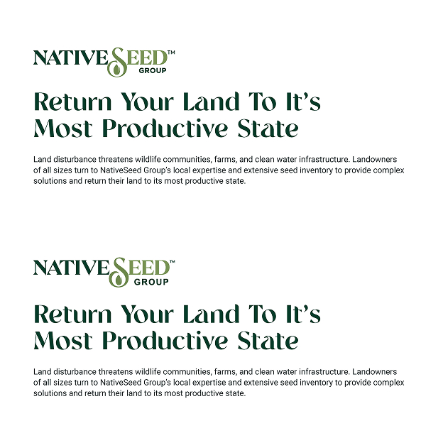 NativeSeed Group logo with tagline 'Return Your Land To It's Most Productive State' and description about addressing land disturbance with local seed expertise and inventory.