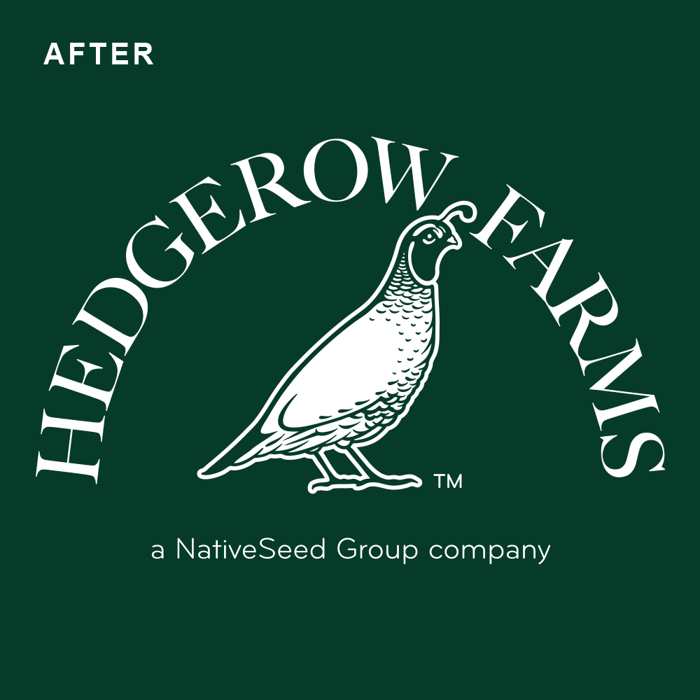 Red quail illustration with the text 'Hedgerow Farms' arched above and 'a NativeSeed Group company' below on dark green background.