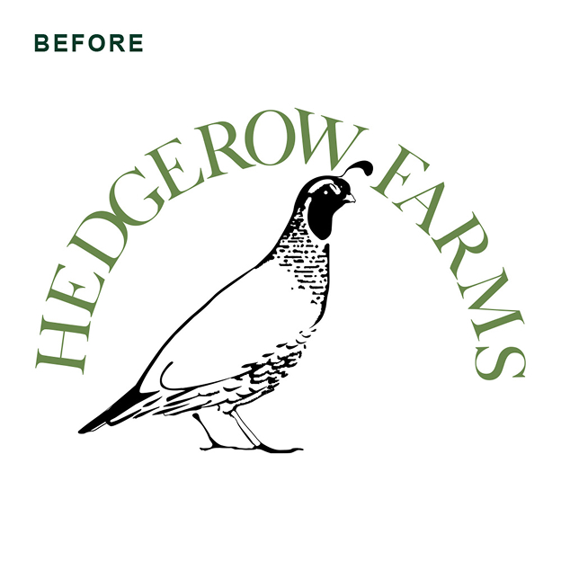 Stylized black and white quail standing with the text 'HEDGEROW FARMS' arched above it in green letters.
