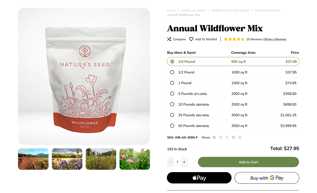 Product page showing Nature's Seed Wildflower Seed bag with purchasing options for Annual Wildflower Mix in various weights and prices, including add to cart and payment options.