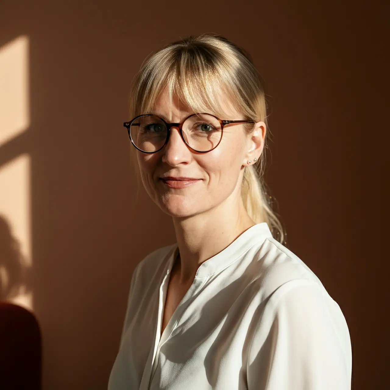Blonde woman with glasses and a white blouse smiling softly against a brown background.