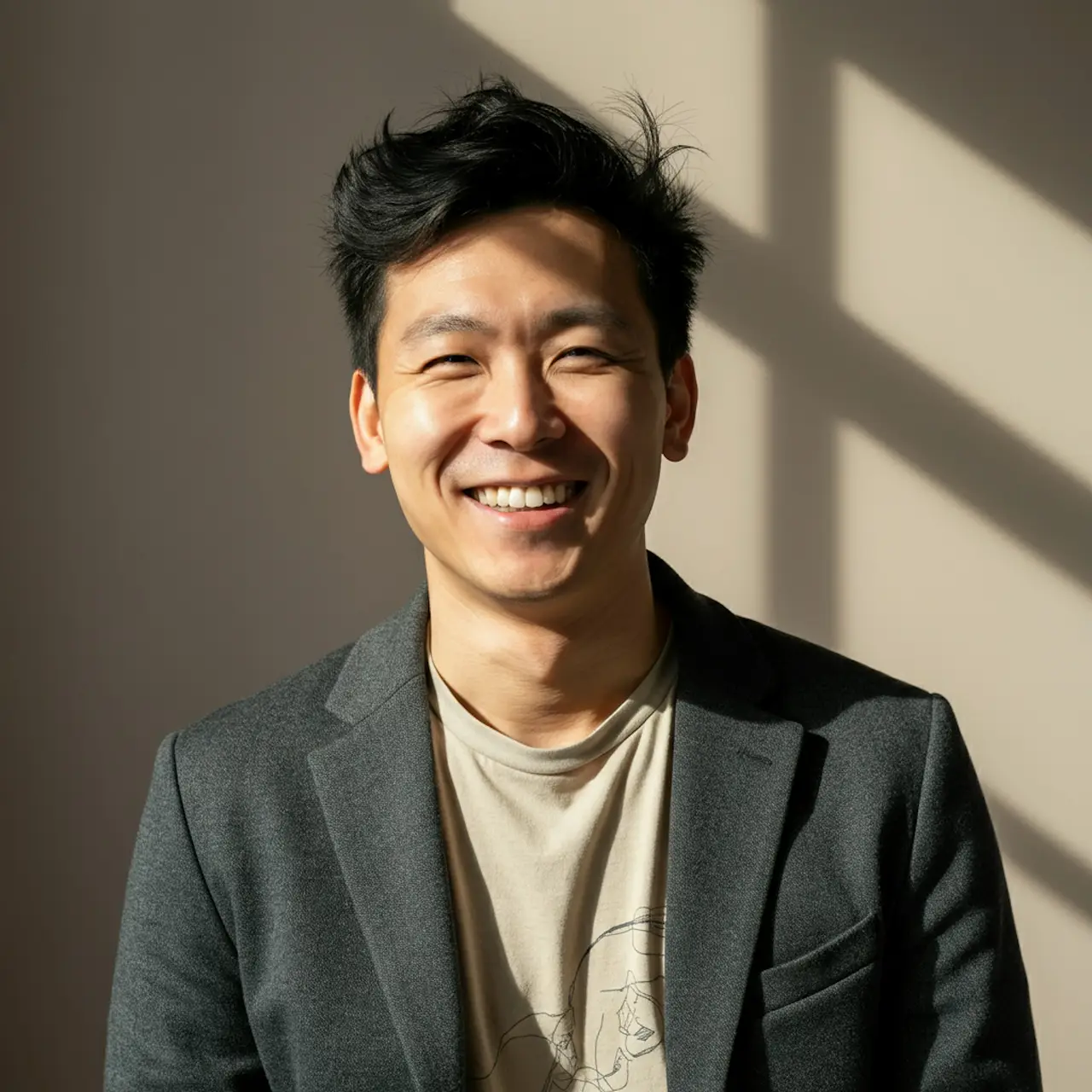 Smiling young man with tousled black hair wearing a gray blazer and light beige t-shirt in soft window light.