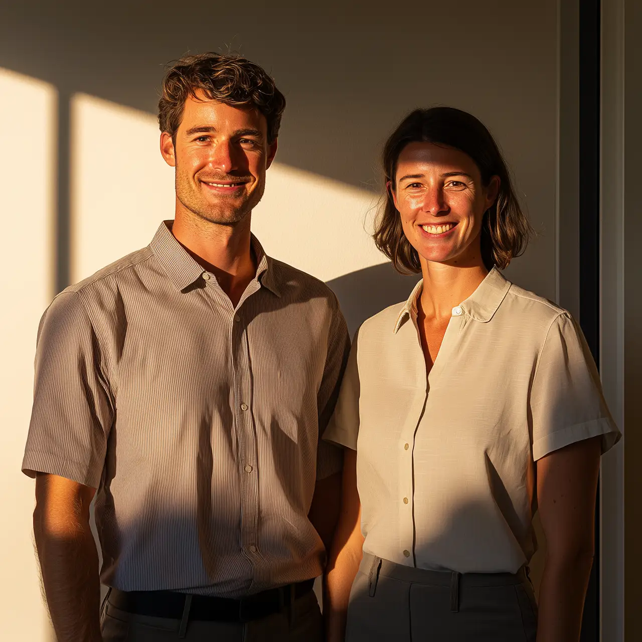 Smiling man and woman standing side by side in warm sunlight against a beige wall.