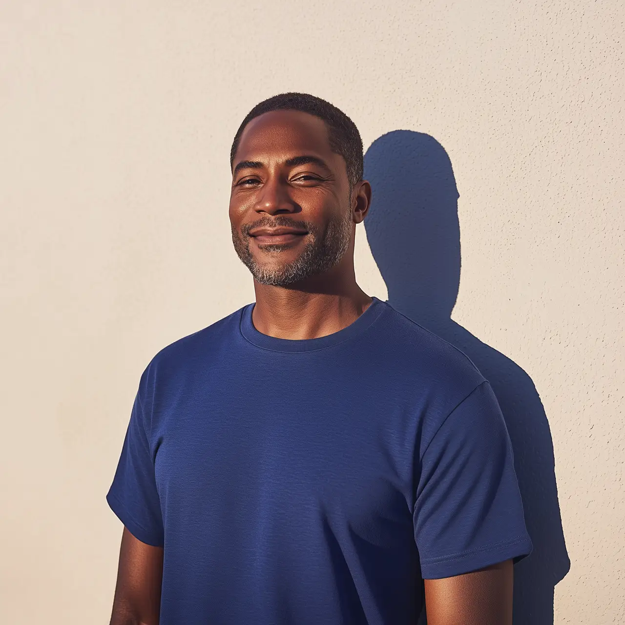 Smiling man with short hair and beard wearing a blue t-shirt standing against a light-colored wall with a shadow.