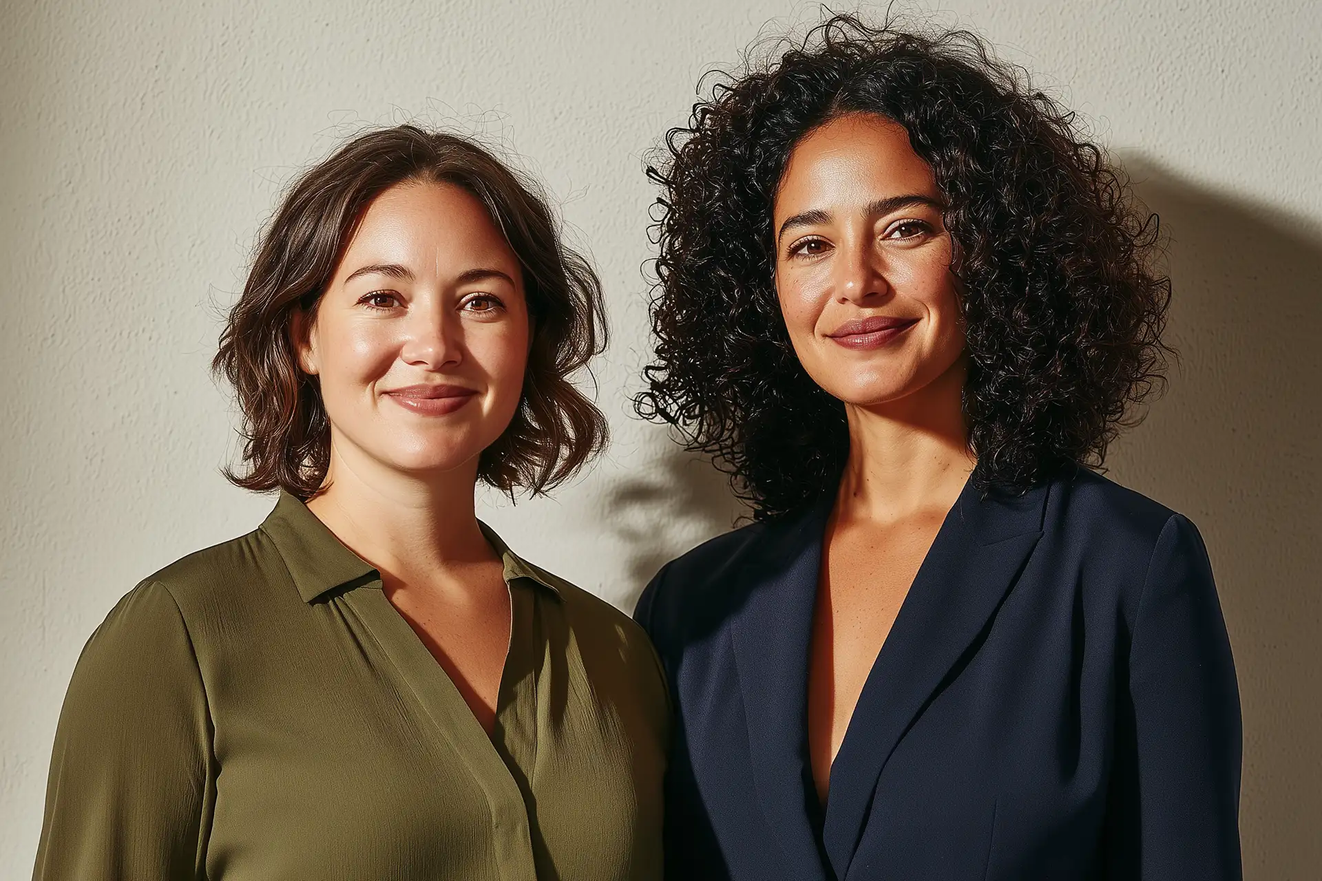 Portrait of two smiling women standing side by side against a plain wall, one with short brown hair wearing an olive green shirt, and the other with curly dark hair wearing a dark blazer.