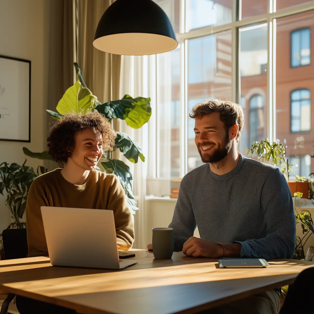 Two young adults smiling and talking at a wooden table with a laptop, coffee mug, and tablet in a bright room with large windows and green plants.