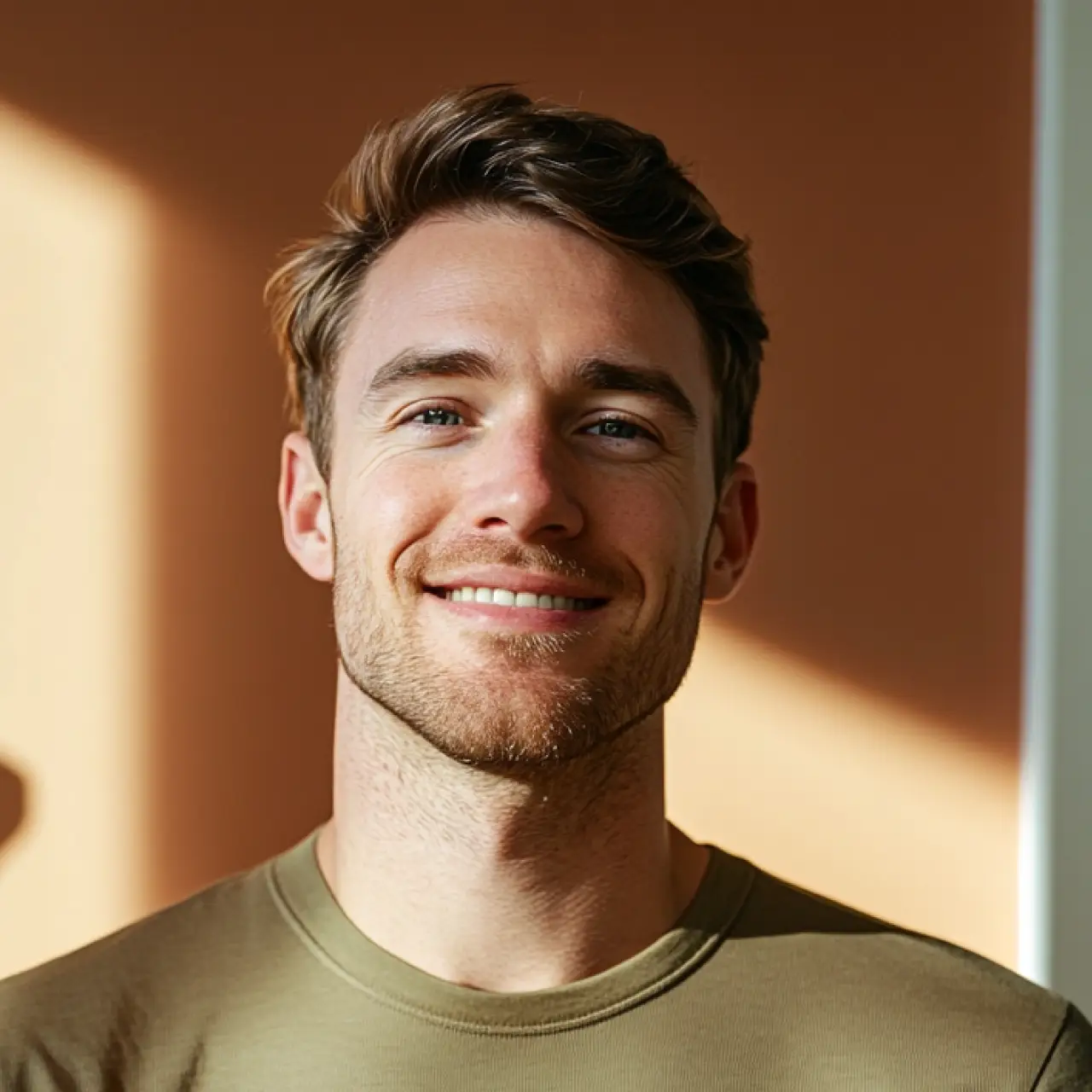 Smiling young man with light brown hair and stubble wearing an olive green shirt against a warm brown background.