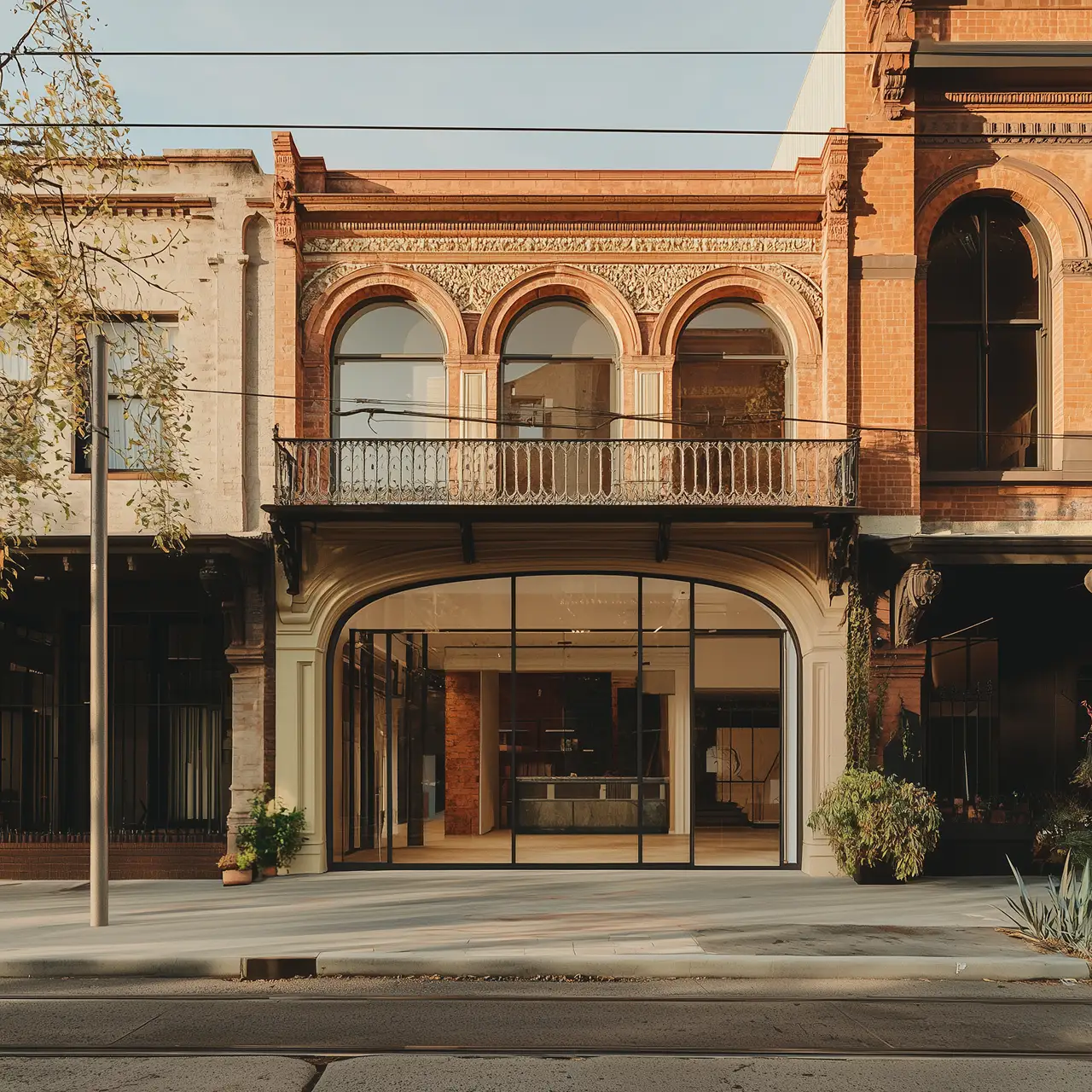 Historic brick building facade with ornate arched windows and a modern glass storefront entrance below.