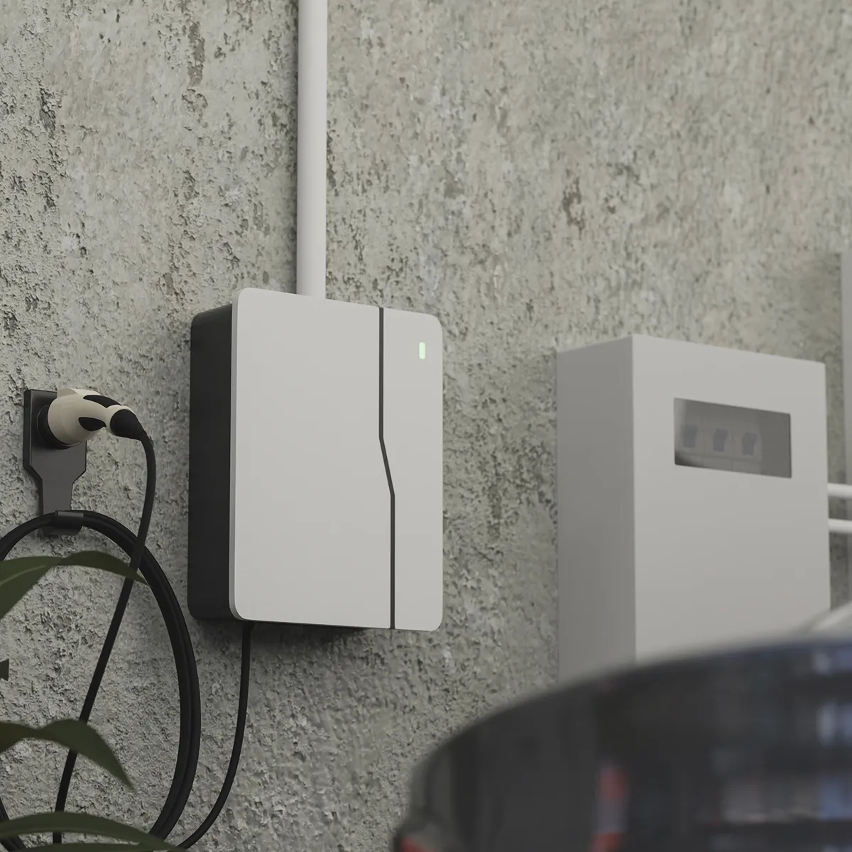 Modern electric vehicle home charging station mounted on concrete wall with cable holder