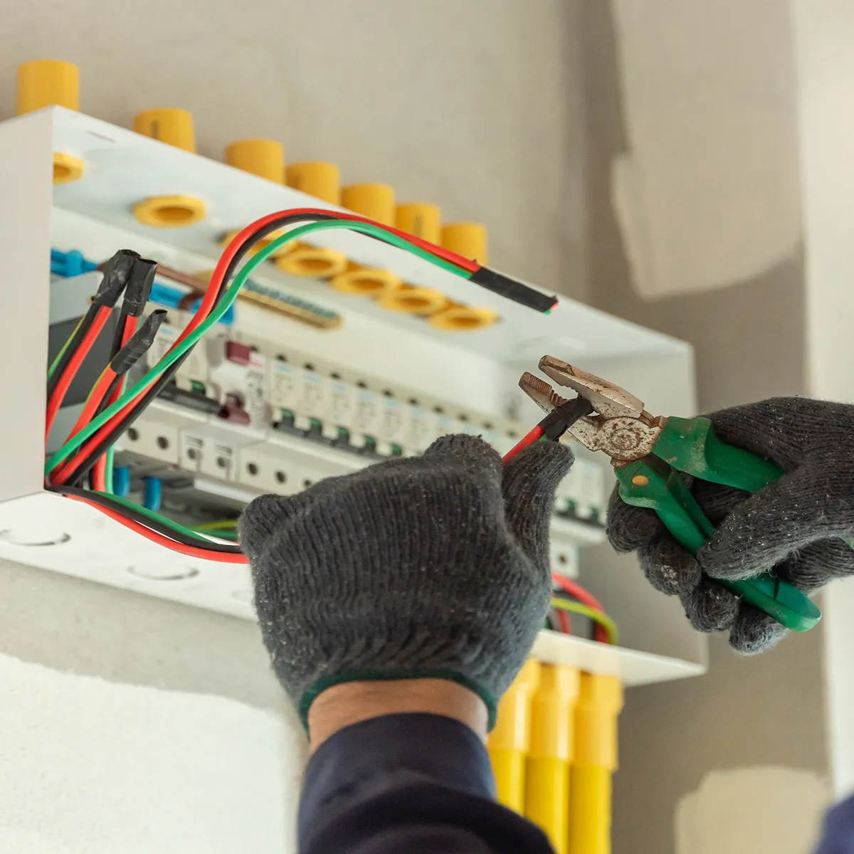 Electrician's hands with safety gloves working on electrical switchboard with coloured wires