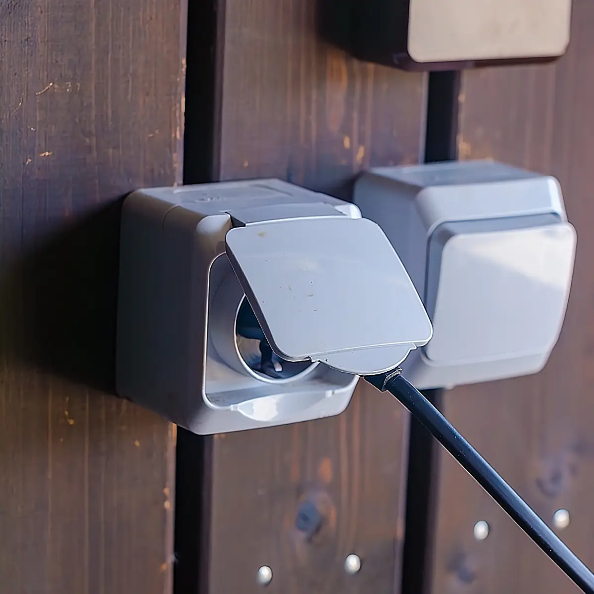 Weatherproof outdoor power outlet with protective cover on exterior wall