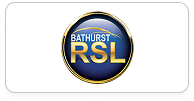 Bathurst RSL circular logo with blue and gold gradient background and gold text.