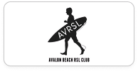 Silhouette of a person carrying a surfboard with 'AVRSL' on it and text 'Avalon Beach RSL Club' below.