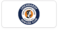 Leichhardt Bowling Club logo featuring a black bowling ball hitting white pins inside a circular design with blue and orange accents.