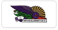 Logo of North Ryde RSL Community Club featuring a stylized winged emblem with purple wings and a golden sunburst.