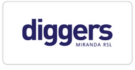 Diggers Miranda RSL logo with the word 'diggers' in bold blue letters and 'MIRANDA RSL' in smaller uppercase letters below.