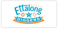 Ettalong Beach Diggers logo featuring stylized text, sun, shell, and starfish icons.