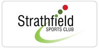 Strathfield Sports Club logo with stylized text and three dots above the letter i.