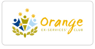 Orange Ex-Services Club logo featuring three stylized human figures with stars above and laurel leaves below.