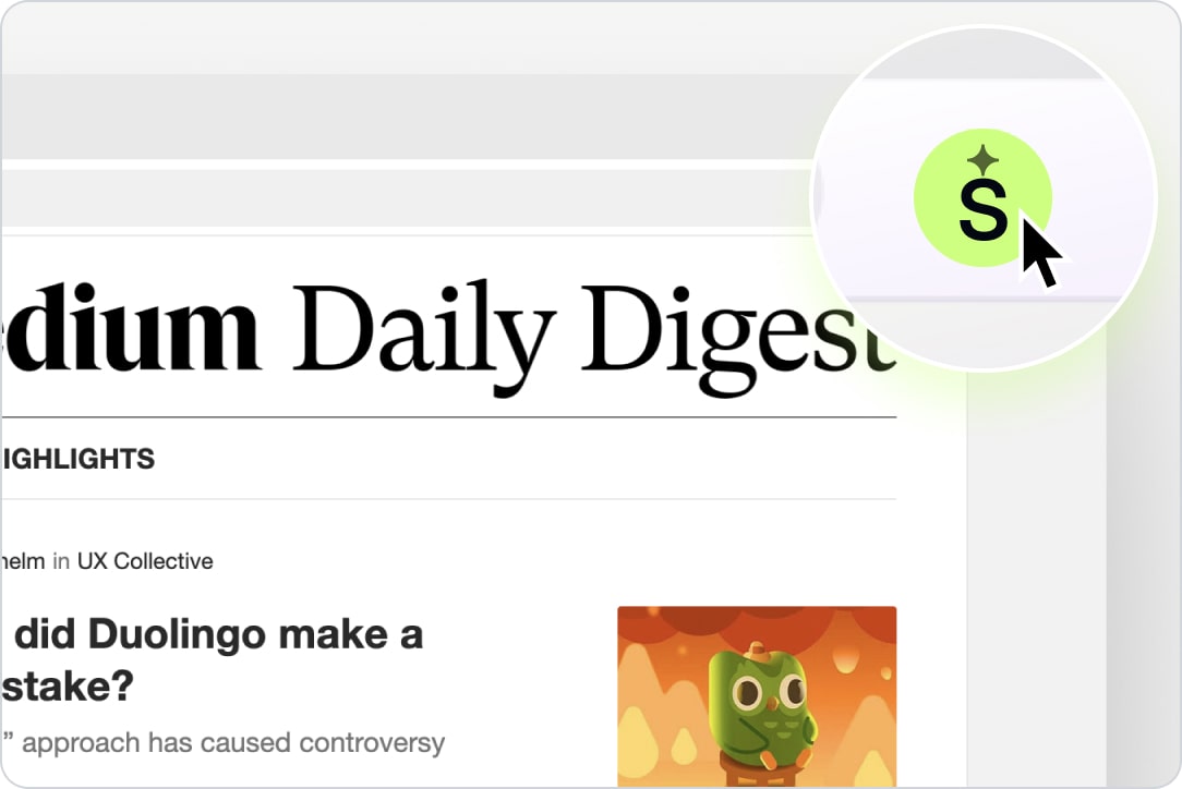 Socialmon Chrome extension demo showing one-click save of an email from Medium.com for marketing inspiration, extending beyond social media posts.