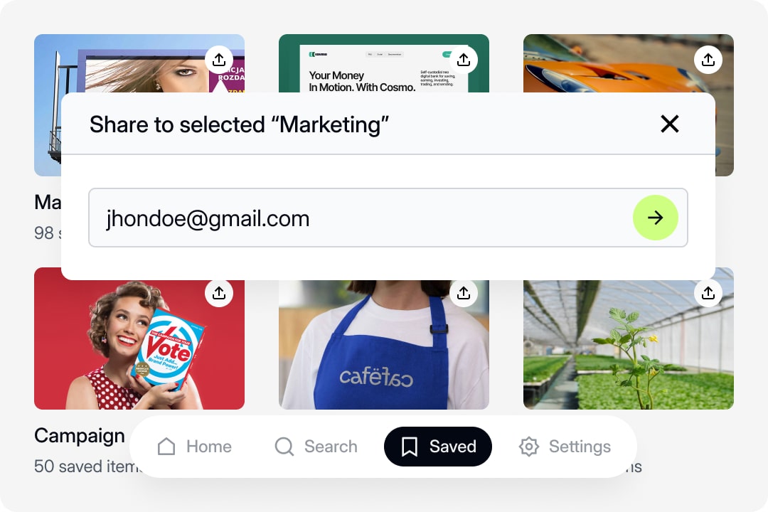 Screenshot of the Socialmon app, showing an example of a inspiration board called "Marketing", which can be shared with team members by entering email addresses.