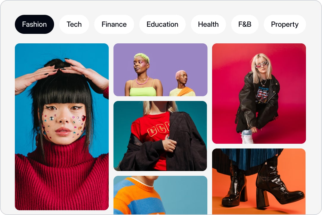 A Socialmon interface mockup that displays a grid of viral posts, with filter buttons at the top for categories pertaining to industry niches, such as Tech, Finance, Education, Health, F&B, and Property. Demo of Socialmon's AI-powered discovery.