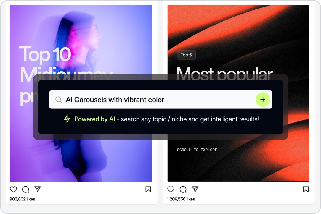 2 sample viral social media posts output by Socialmon's AI-powered search, for the keywords "AI Carousels with vibrant color". First one shows an aesthetic AI carousel about "Top 10 Midjourney prompts", and the other one shows an aesthetic AI carousel about "Most popular AI tools".