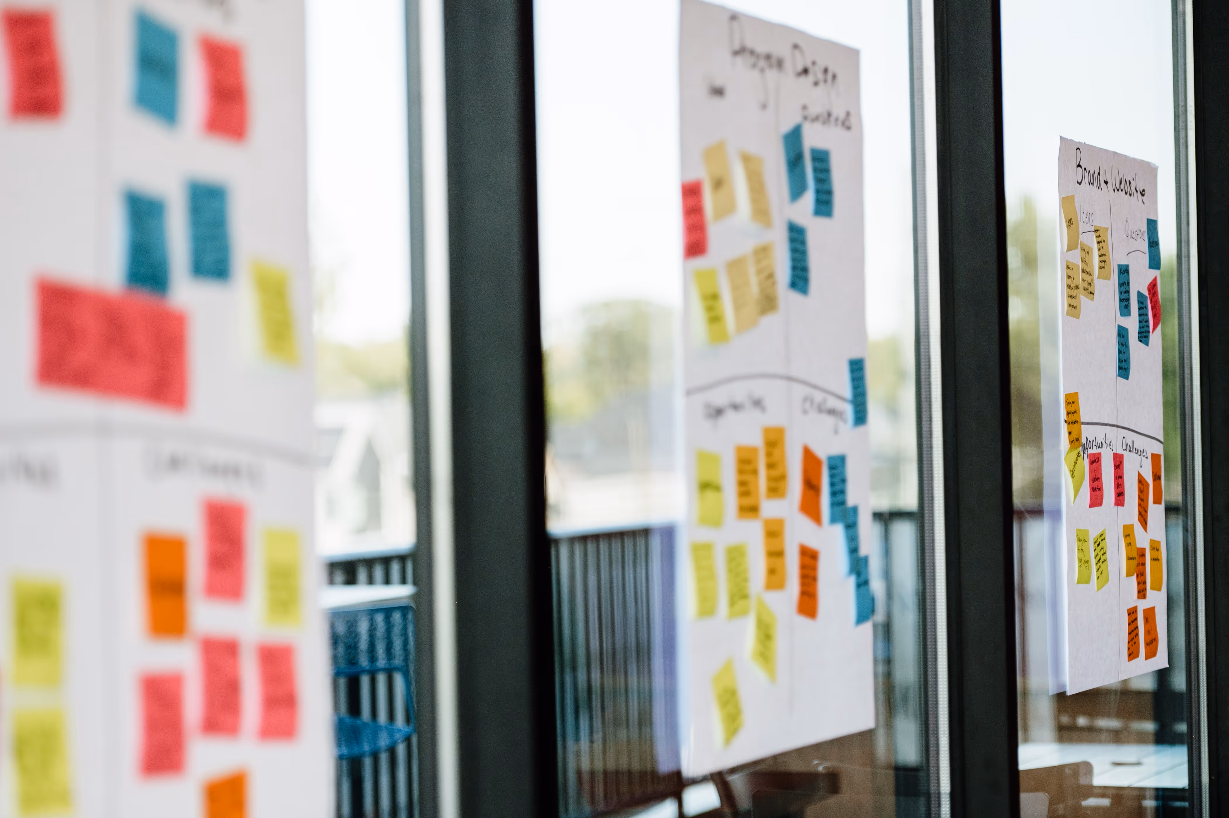 The view from inside a workshop by social impact consultant Friday. Inside are posters with brainstorm notes capturing brand, communication and growth ideas.