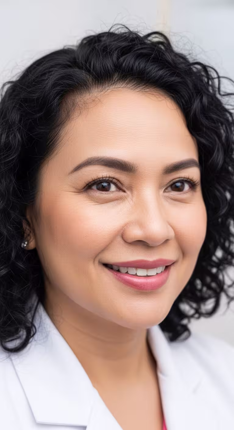 Woman with curly dark hair smiling, lips in focus