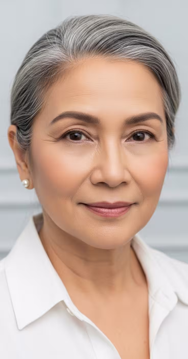 Woman with grey hair facing the camera, cheeks and chin in view