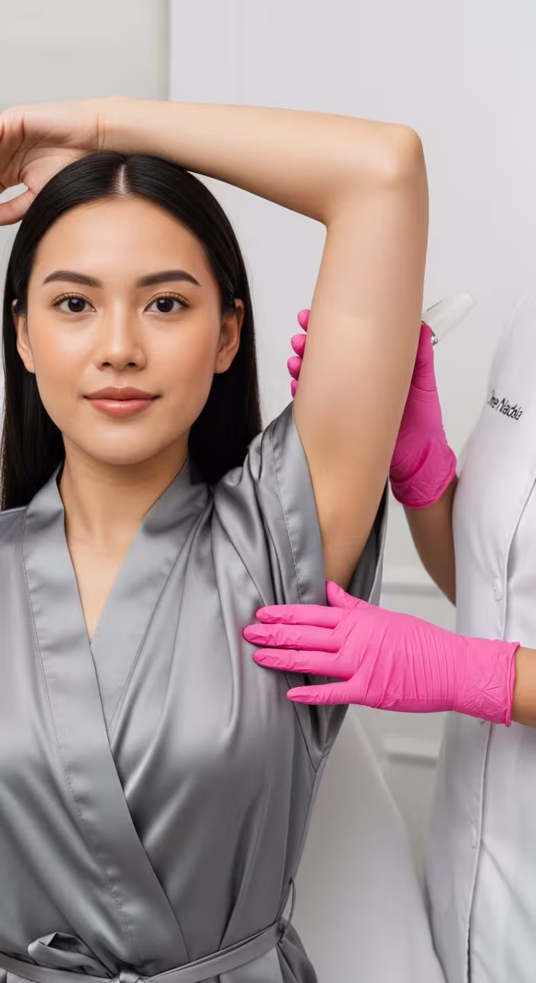 Clinician treating a client's underarm, client wearing a grey robe