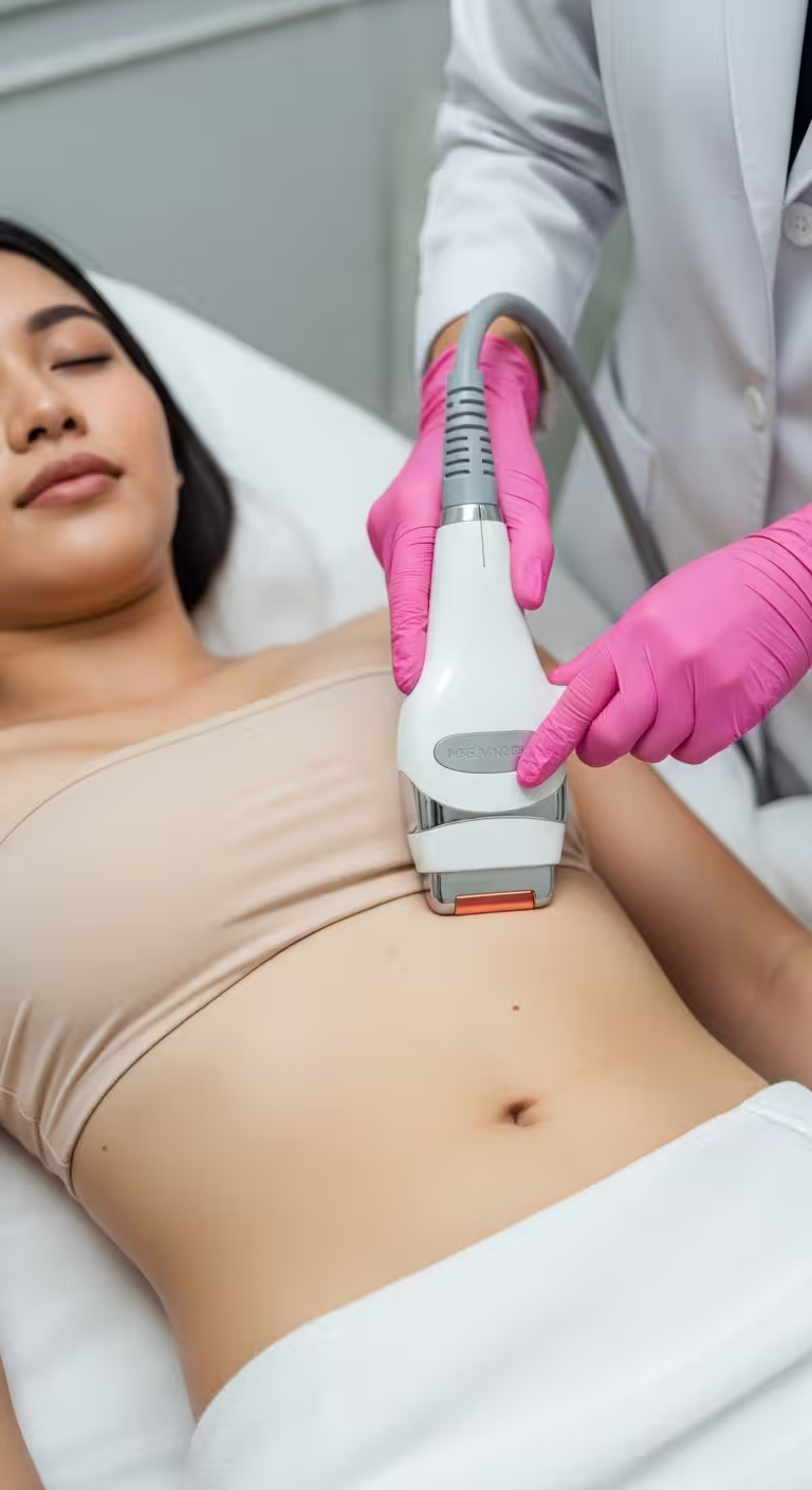 Body contouring handpiece applied to a client's abdomen