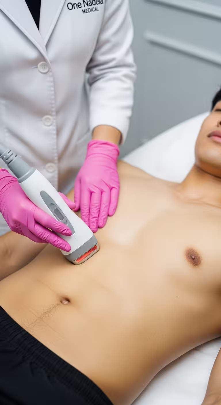 Morpheus8 handpiece applied to a client's abdomen